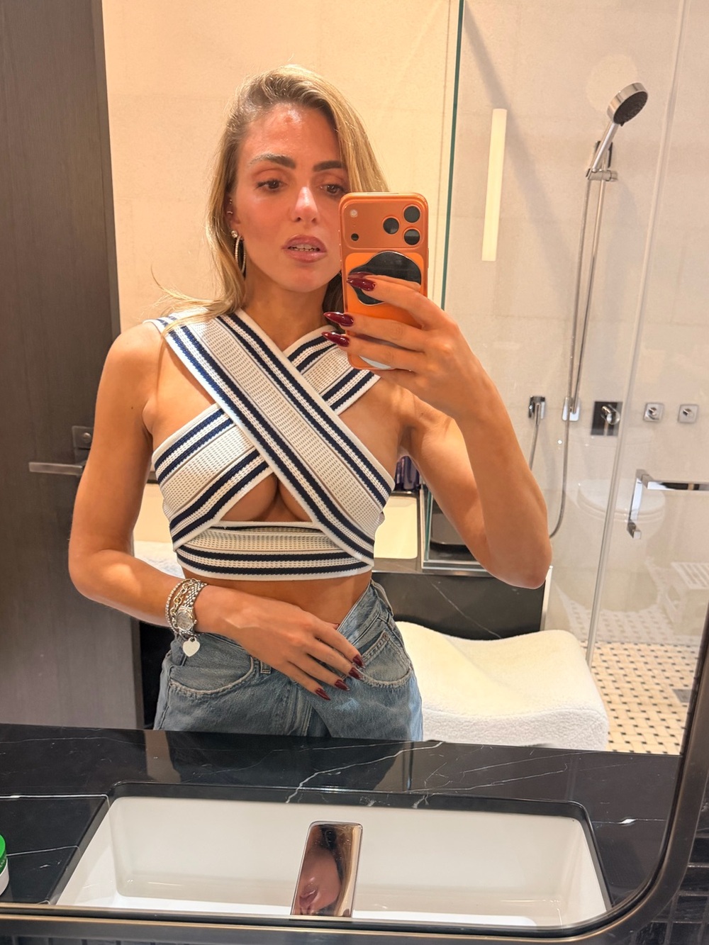 BALMAIN Striped Cross-Front Knit Crop Top - White & Navy GOLD ZIP Sz 34 36 - Picture 14 of 14